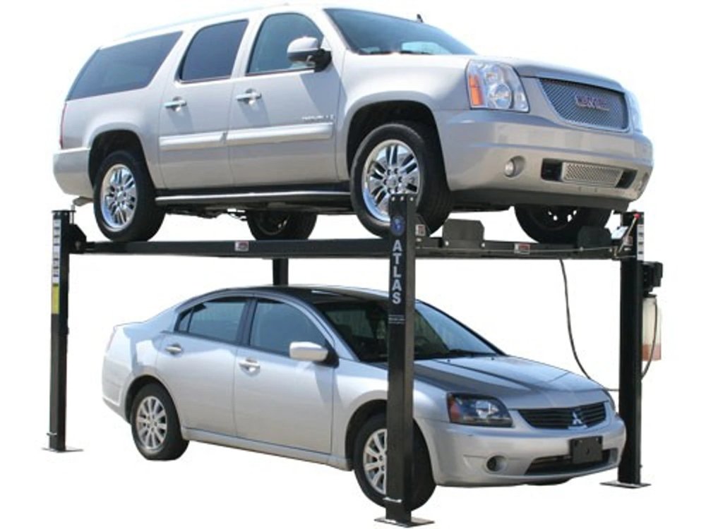 Atlas Garage Pro 8000 four-post lift with two cars stacked