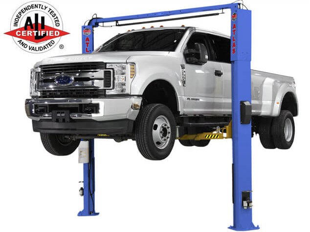 Atlas two-post overhead lift raising a pickup truck