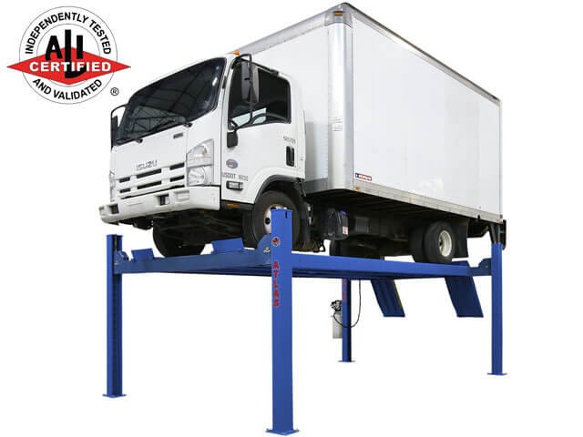 Atlas Platinum PVL-14 four-post lift raising a box truck